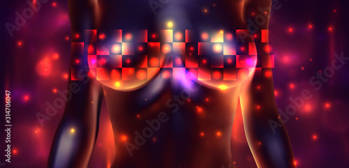 vector female body in bright art style. glow on a colored background.