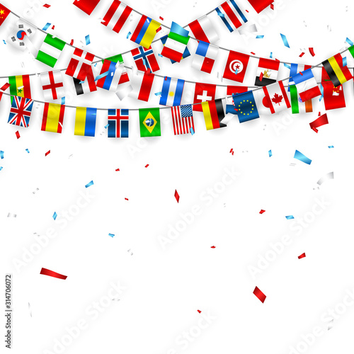 Colorful flags garland of different countries of the europe and world with confetti. Festive garlands of the international pennant. Bunting wreaths. Vector banner for celebration party, conference