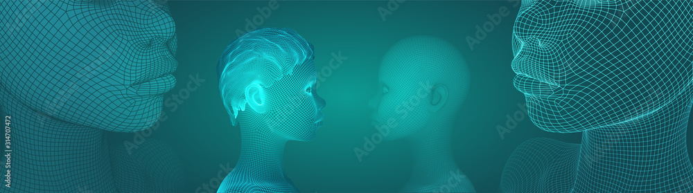 Obraz premium 3d vector portrait of a beautiful young girl with hairstyle, set of angles on a green background