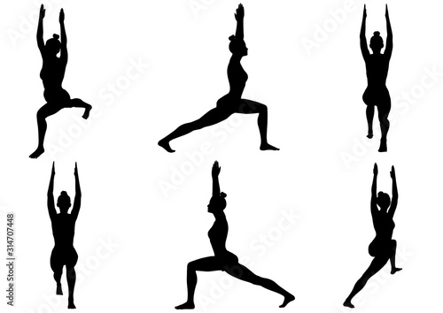 Silhouette of a virtual Woman in Yoga Warrior One Pose with 6 angles of view