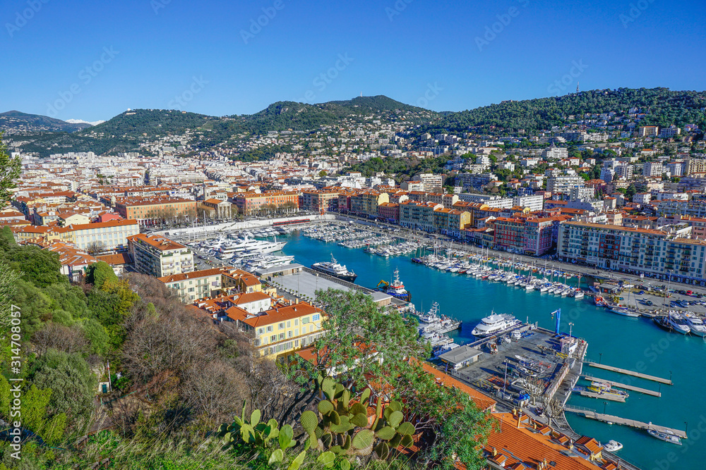 Panorama of the Port of  Nice city, France. In the background you can see the Cathedral of St. Mary at the Port.