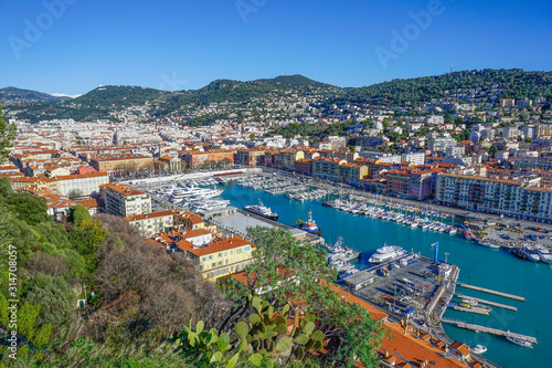 Panorama of the Port of Nice city, France. In the background you can see the Cathedral of St. Mary at the Port.