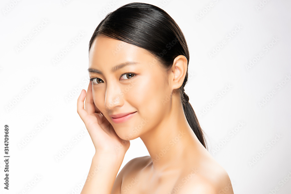 Portrait beautiful young asian woman clean fresh bare skin concept. Asian girl beauty face skincare and health wellness, Facial treatment, Perfect skin, Natural make up, on white background Portrait beautiful young asian woman clean fresh bare skin concept. Asian girl beauty face skincare and health wellness, Facial treatment, Perfect skin, Natural make up, on white background