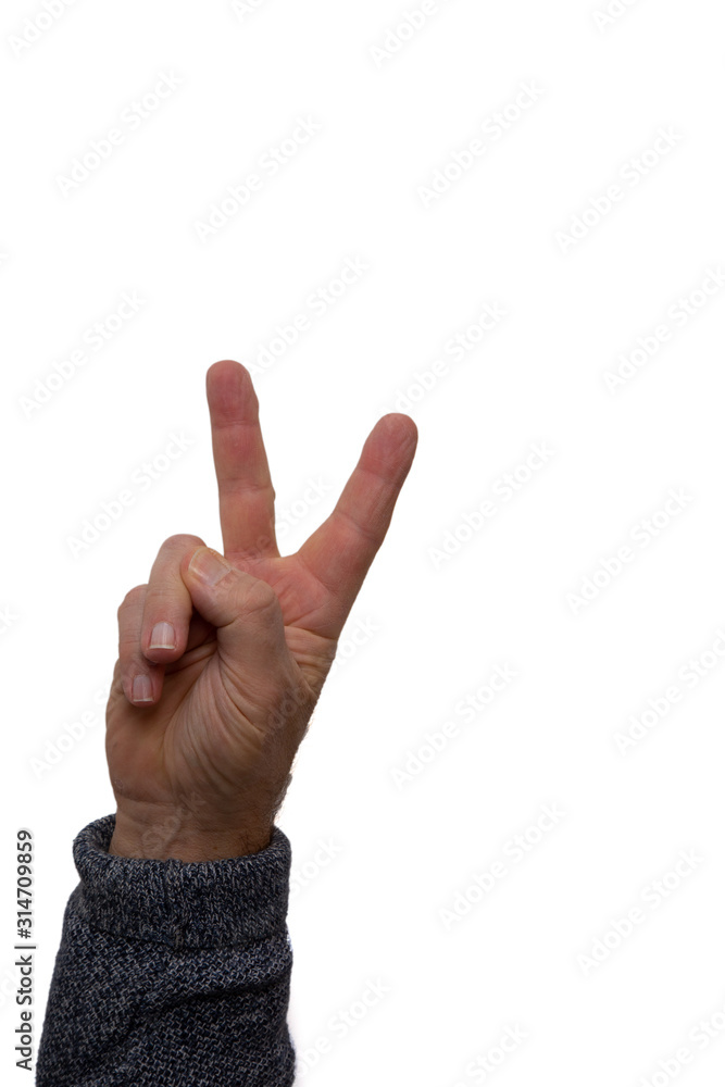 Male hand with two stretched fingers for sign as victory or peace isolated on white background, copy space Male hand with two stretched fingers for sign as victory or peace isolated on white background, copy space