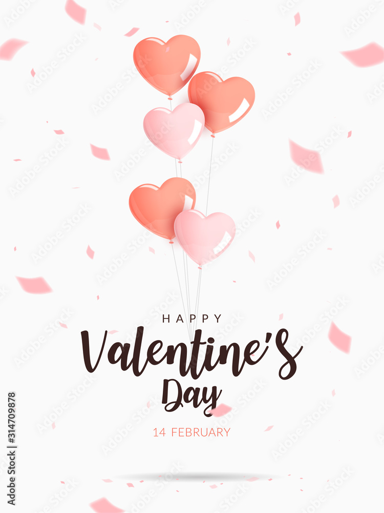 Valentine's day poster. Helium heart shaped pink and orange balloons with confetti. Design for poster banner card website, Realistic vector illustration.