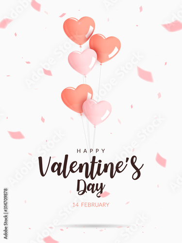Valentine's day poster. Helium heart shaped pink and orange balloons with confetti. Design for poster banner card website, Realistic vector illustration.