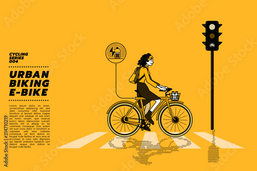 A young woman riding an electric bicycle (e-bike) with a battery icon