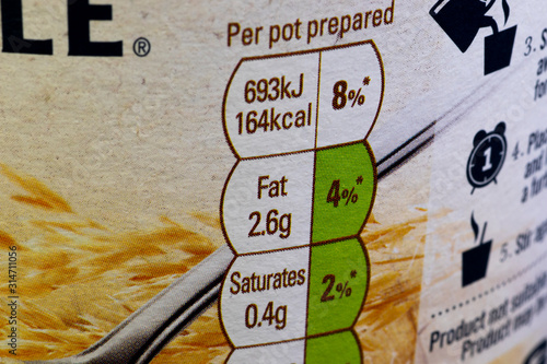 Fat content information displayed on food packaging label with shallow depth of field