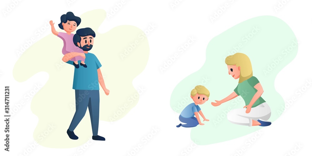Naklejka premium Happy mother and father playing with their children. Young happy family cartoon characters vector illustration.