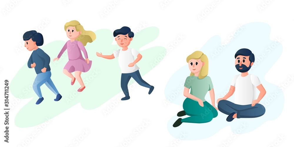 Happy mother and father playing with their children. Young happy family cartoon characters vector illustration. Happy mother and father playing with their children. Young happy family cartoon characters vector illustration.