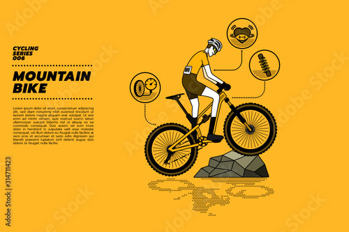 A cyclist on a modern full suspension mountain bike (MTB) climbing on a rock with heart rate and suspension shock absorber icons