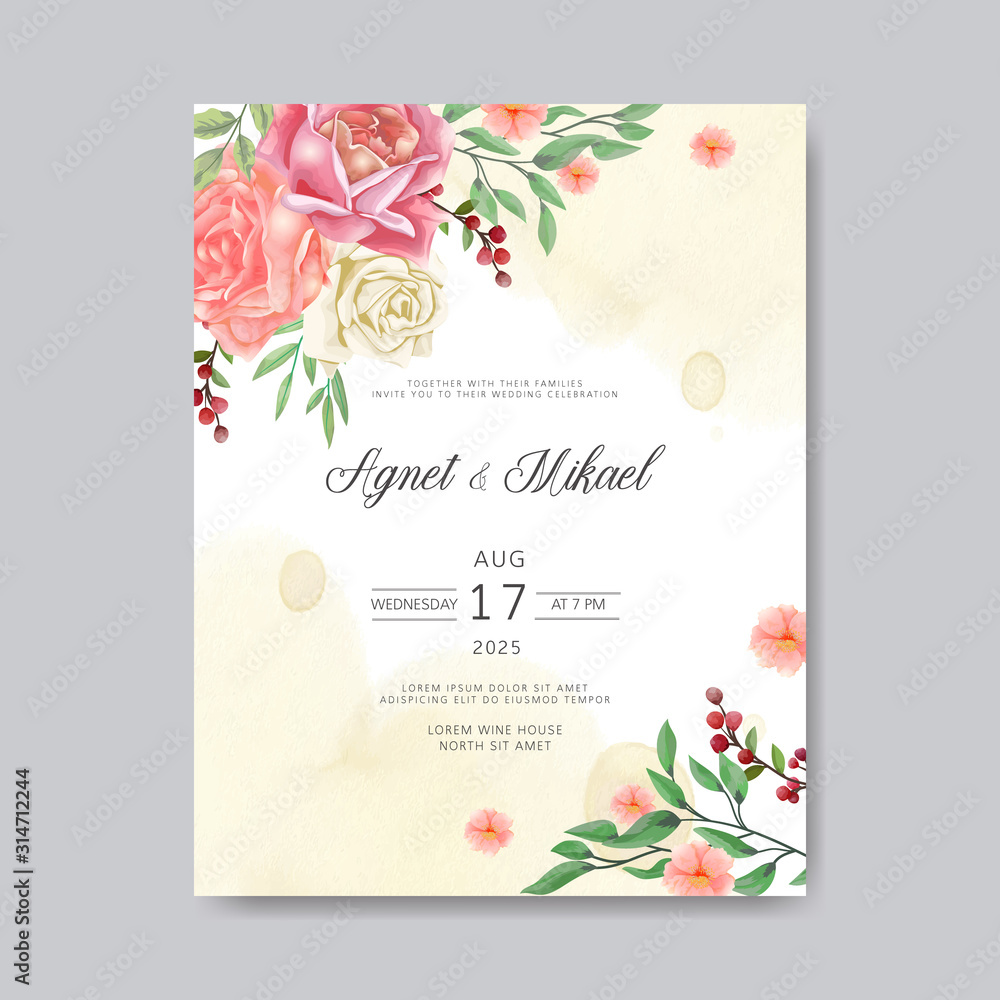 wedding invitation with beautiful and romantic flower templates