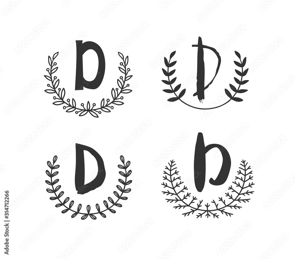 Obraz premium Hand drawn set of monogram objects for design use. Black Vector doodle flower on white background and Capital Letter D. Abstract pencil boho drawing twig. Artistic illustration elements plant