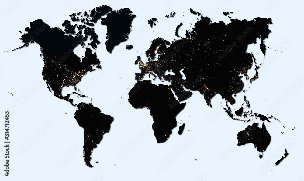 Fototapeta premium Nocna mapa świata z czarną sylwetką z podświetlonymi miastami, przedstawiająca metropolie świata