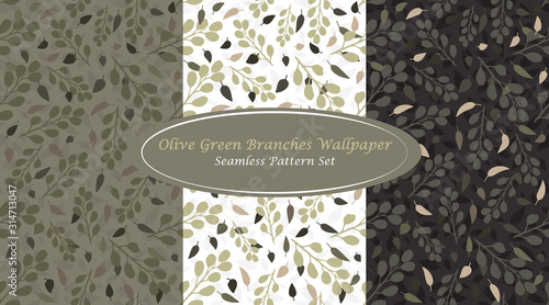 Olive Green Branches Wallpaper Set Classic Abstract Seamless Repeating Pattern inspired by Greek Olives. Simple Elements combined with unique Olive Green Color Palette