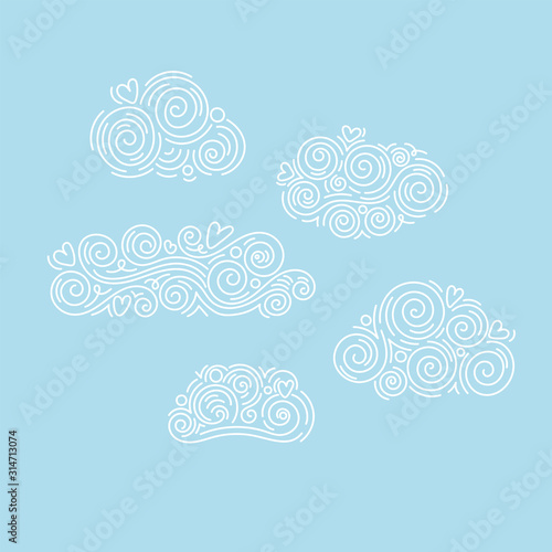 Oriental cloud ornament design with pen drawing line set. Vector on blue background.