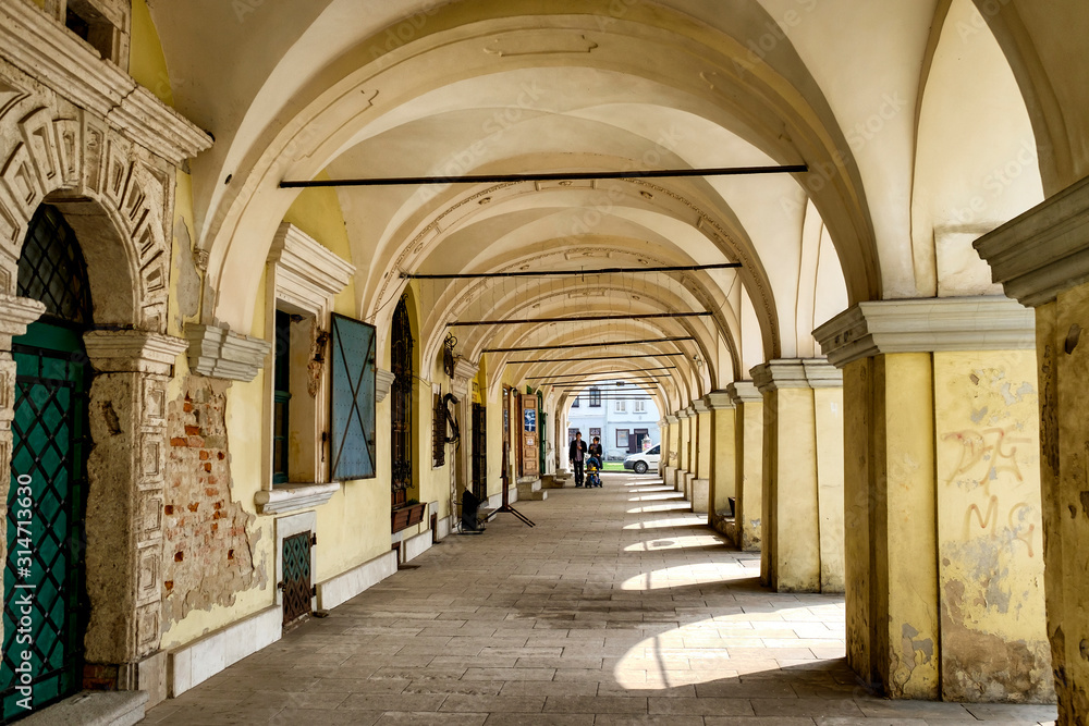 Renaissance gallery in the center of Zhovkva, Lviv region, Ukraine. April 2016