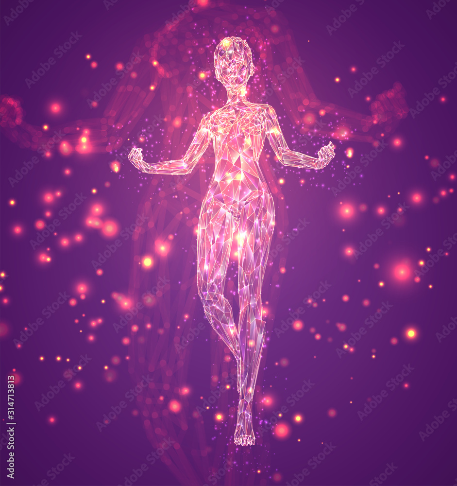Obraz premium A female silhouette of luminous lines and dots dancing on an abstract pink background. vector layout