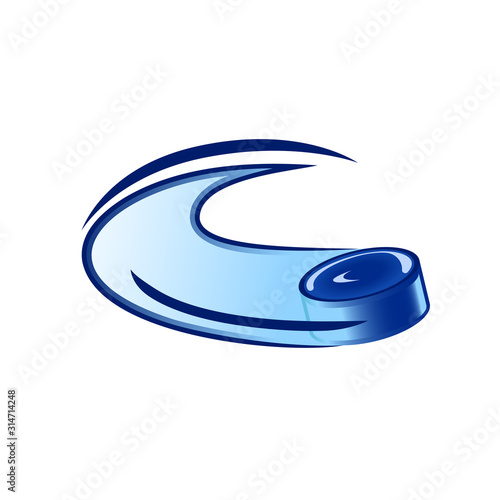 Vector illustration of a blue hockey puck flying along a trajectory with acceleration on isolated background