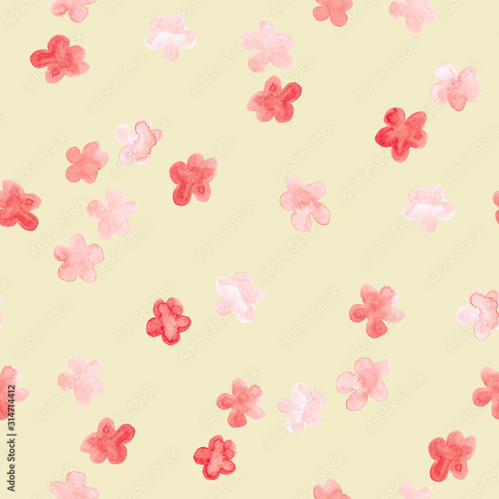 Little red and white flowers watercolor painting - hand drawn seamless pattern on yellow background