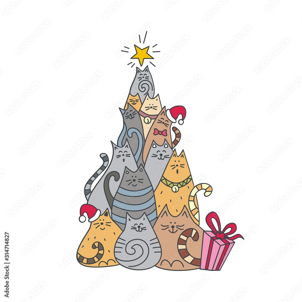 Festive Christmas tree made of cats Festive Christmas tree made of cats