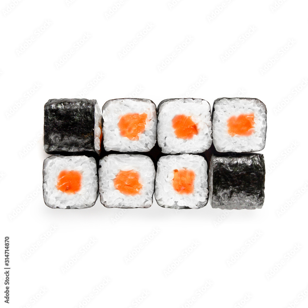 Sushi japanese roll set. Top view, isolated. Fish, salmon. Sushi japanese roll set. Top view, isolated. Fish, salmon.