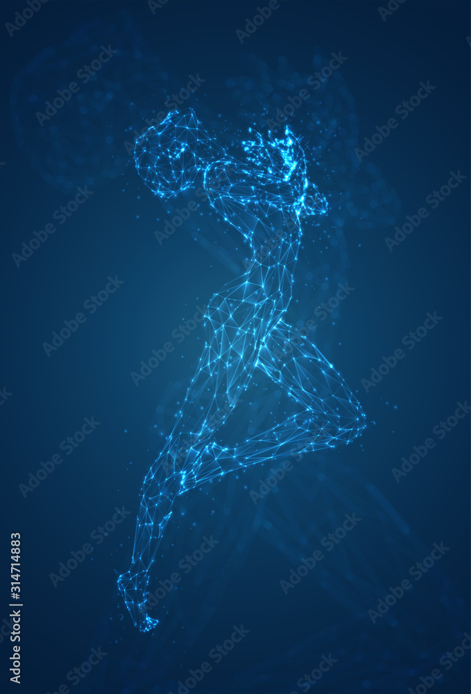 A female silhouette of luminous lines and dots dancing on an abstract dark blue background. vector layout A female silhouette of luminous lines and dots dancing on an abstract dark blue background. vector layout