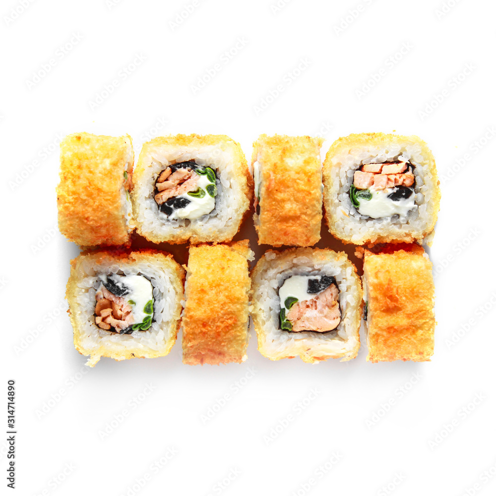 Sushi japanese roll set. Top view, isolated. crispy, hot, with fish and cheese Sushi japanese roll set. Top view, isolated. crispy, hot, with fish and cheese