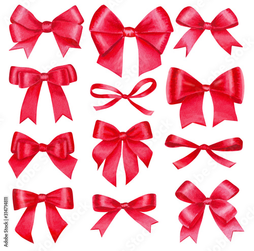 Watercolor big set with colorful red satin bows, isolated on white