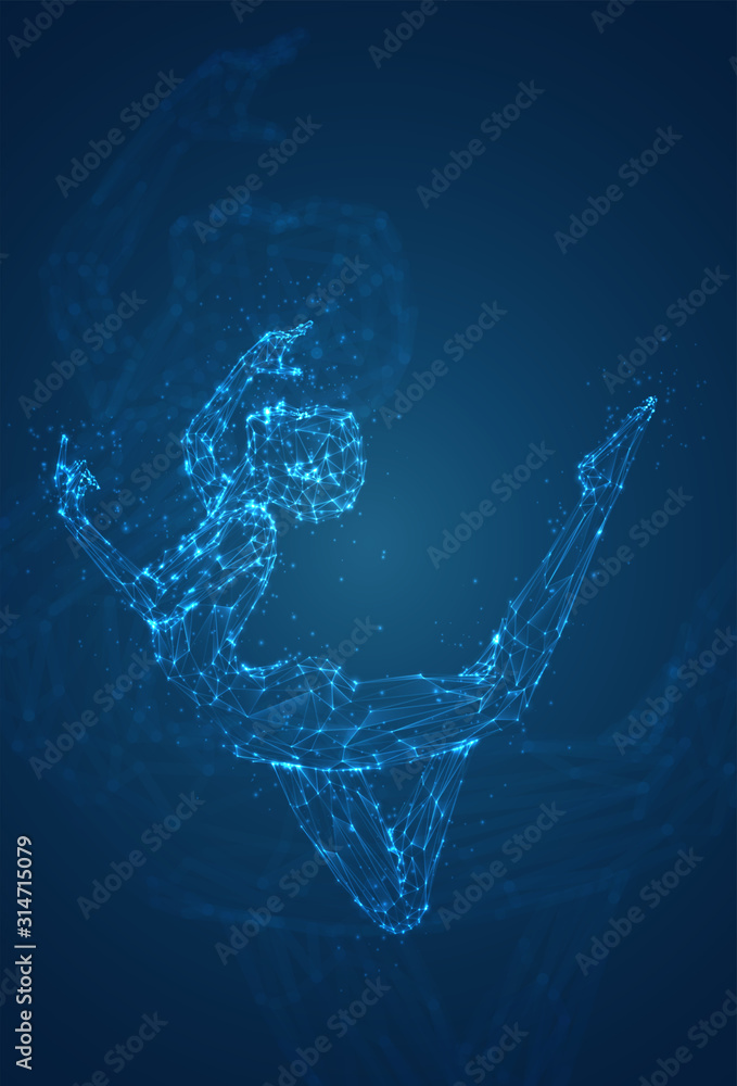 A female silhouette of luminous lines and dots dancing on an abstract dark blue background. vector layout
