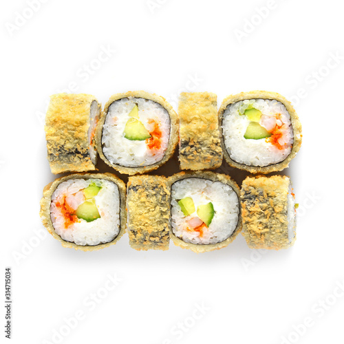 Sushi japanese roll set. Top view, isolated. Shrimp, caviar, cucumber, avocado, cheese, hot.