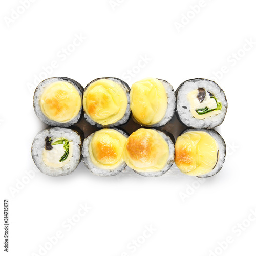 Sushi japanese roll set. Top view, isolated. Cheese, greens, mushrooms, hat.