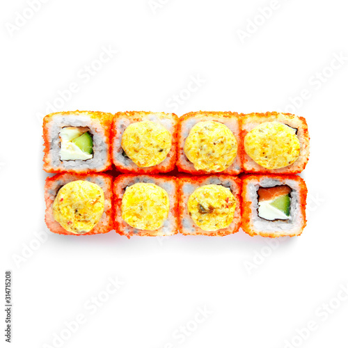 Sushi japanese roll set. Top view, isolated. Cheese, fish, salmon, cucumber, masago, caviar, hat.