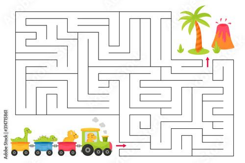 Maze game for children. Cute kawaii cartoon dinosaurs on the train. Funny labyrinth. Educational activity worksheet for preschoolers.