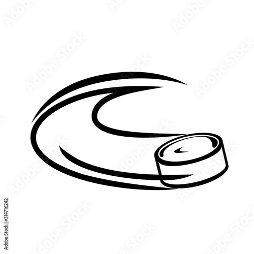 Vector illustration of a hockey puck in outline style flying along a trajectory with acceleration on isolated background