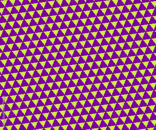 Bright two color abstract pattern. Futuristic triangle shapes background. Lime, purple colored illustration. Doodle seamless pattern. Random ornament for banner, wallpaper, gift wrapping.