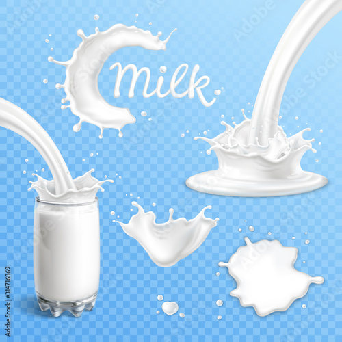 Milk set. Splashes, drops and blots on transparent background