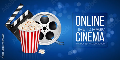 Cinematograph Concept Banner Design Template with Movie Clapper Board, Popcorn in the Striped Bag and Film Reel Over Blue Background with Bokeh Light Effects. Cinematography Movie Festival Concept