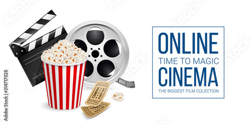 Cinematograph Concept Banner Design Template with Movie Clapper Board, Cinema Ticket, Popcorn in the Striped Bag and Film Reel Over White Background
