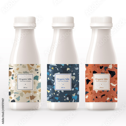 Organic milk bottle with terrazzo pattern on the label isolated on white background : Vector Illustration