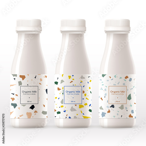 Organic milk bottle with terrazzo pattern on the label isolated on white background : Vector Illustration