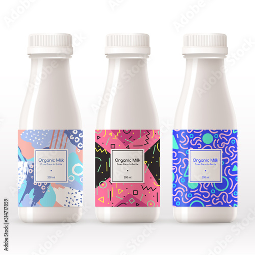 Organic milk bottle with abstract pattern on the label isolated on white background : Vector Illustration
