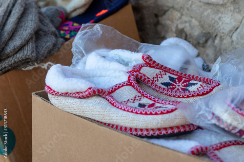 Traditional muslim wool cloth shoes. Handmade by local people for sale, made for cold weather. 