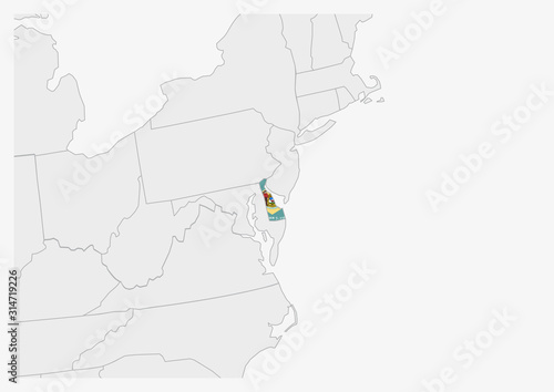 US state Delaware map highlighted in Delaware flag colors