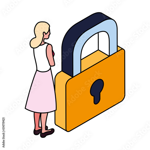 businesswoman with padlock on white background