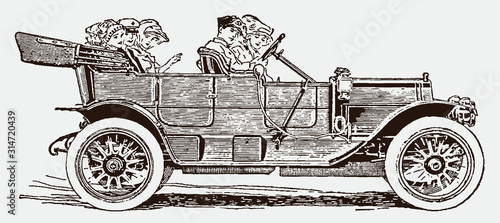 Group of historical people driving in antique 5-passenger touring car. Illustration after engraving from the early 20th century