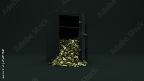 Gold Coins Spilling out of a Old Safe Dark Kino Lighting Setup 3d illustration 3d render photo