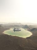 Science fiction illustration of a future city on an island in a crater lake, 3d digitally rendered illustration