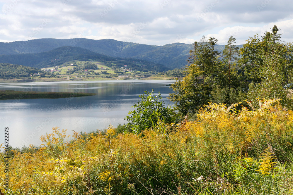 ZAGORZE, POLAND - SEPTEMBER 14, 2019: Panoramic view over the lake and hills