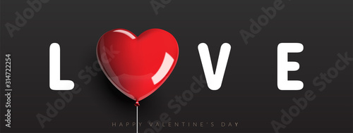 Love banner, Happy valentine's day, Heart shaped balloon with rope on black background. Vector illustration.